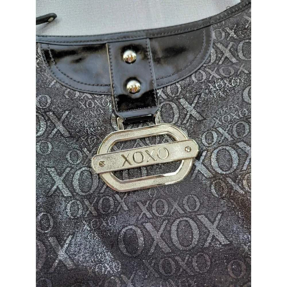 XOXO Hobo Shoulder Bag Black Silver Monogram Faux Patent Leather Biker Goth